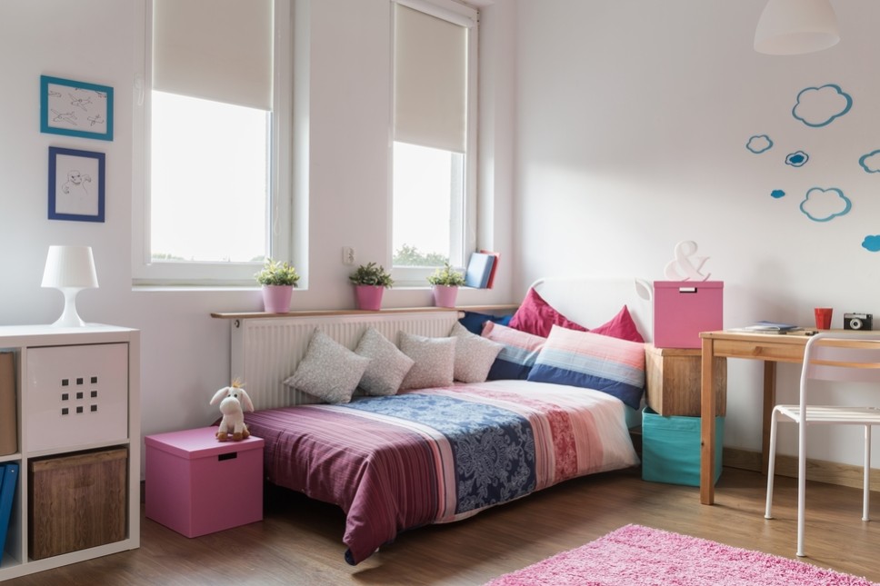 teenage girl bedroom design with pink and blue colors